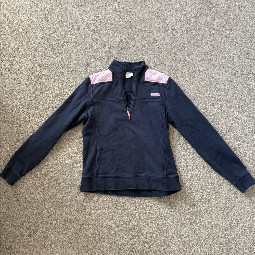 Vineyard Vines Navy Blue Quarter Zip with Pink Gingham